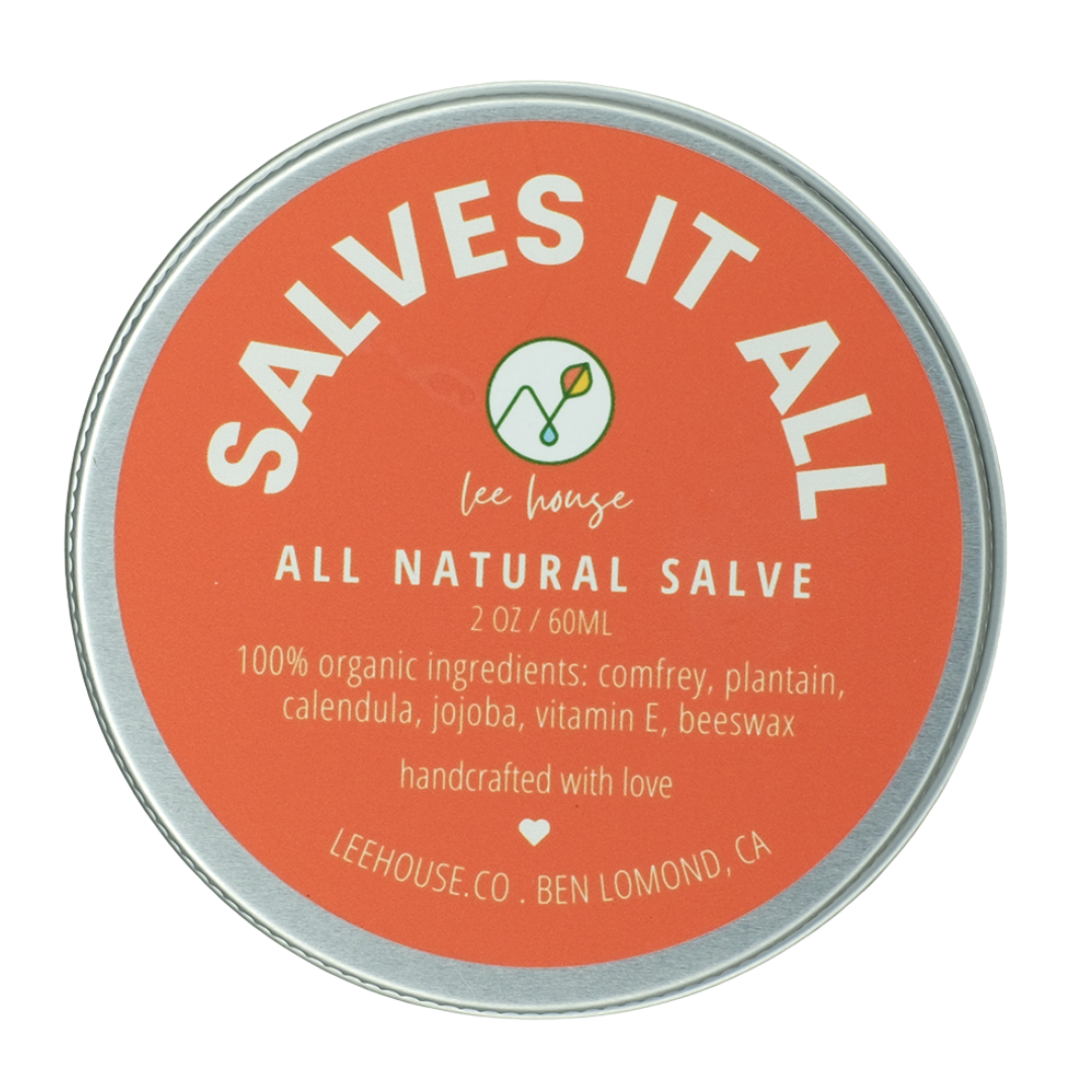 All Natural Salve container with 'Salves It All' branding on an orange label.