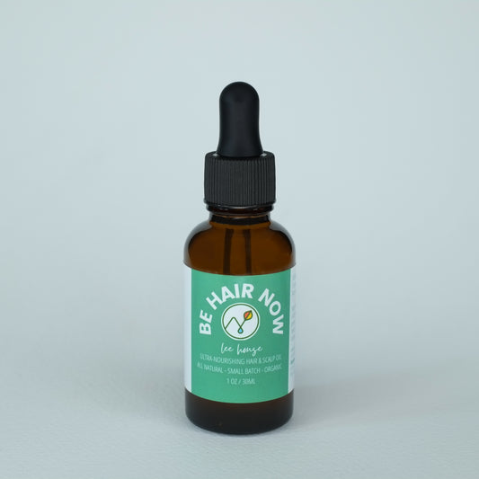 an amber dropper bottle on a white background, the label reads "be hair now" ultra nourishing hair and scalp oil by leehouse.
