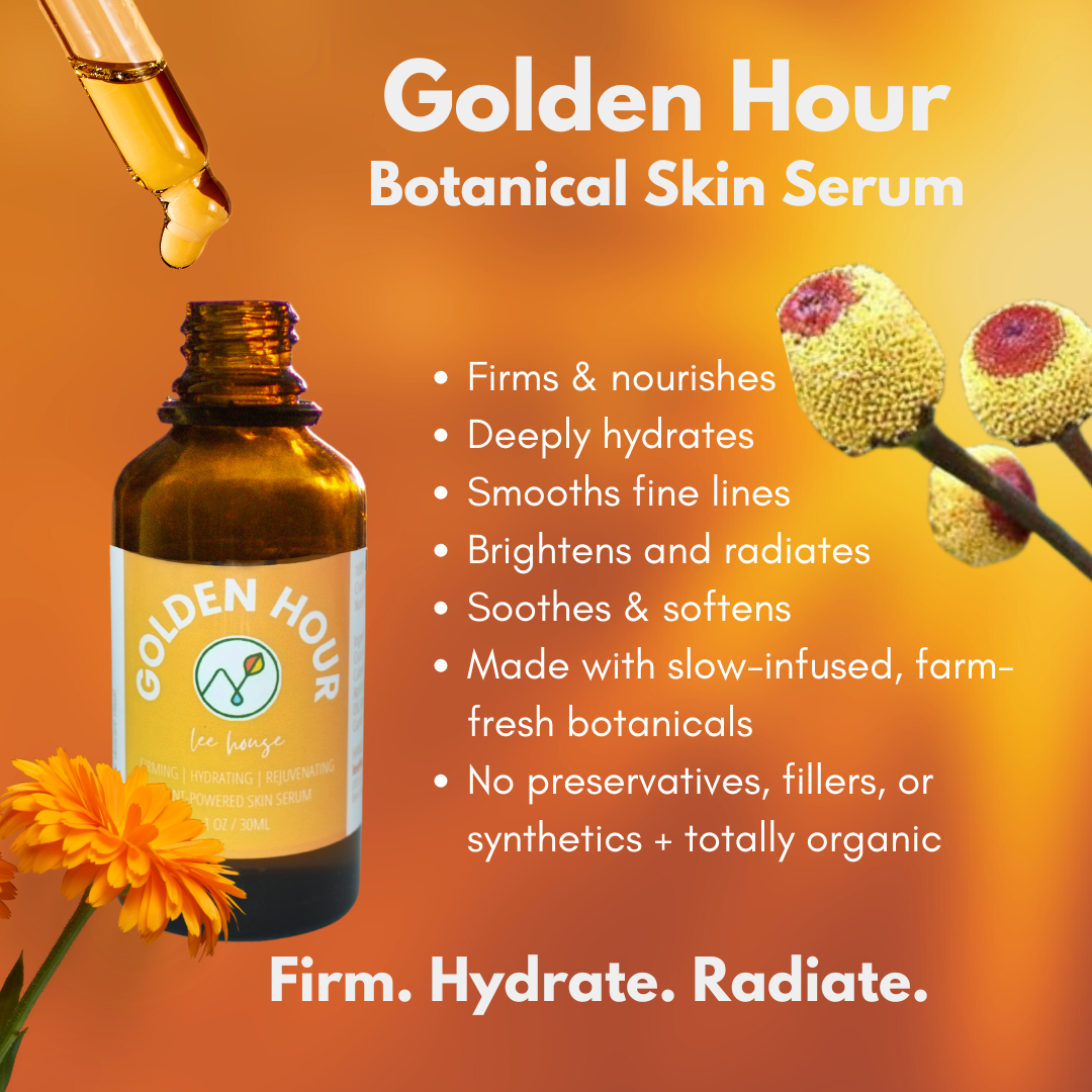 Golden Hour serum bottle centered with labeled herbal ingredients surrounding it, including spilanthes, gotu kola (Cica), borage seed, calendula, rosehip seed, and carrot seed oil. Text at the bottom reads “Botanical Skin Serum for Radiant, Resilient Skin” on a sunlit amber background.