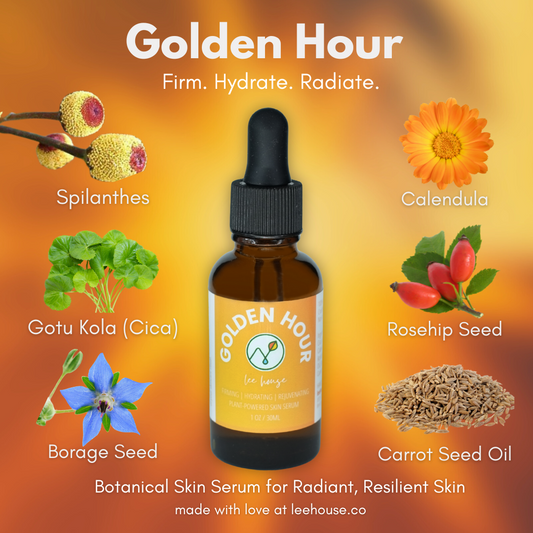 Amber bottle of LeeHouse Golden Hour Botanical Skin Serum surrounded by botanical illustrations including calendula and spilanthes, with text listing benefits such as hydration, firming, and soothing properties. Dropper shown dispensing serum against a warm golden gradient background.
