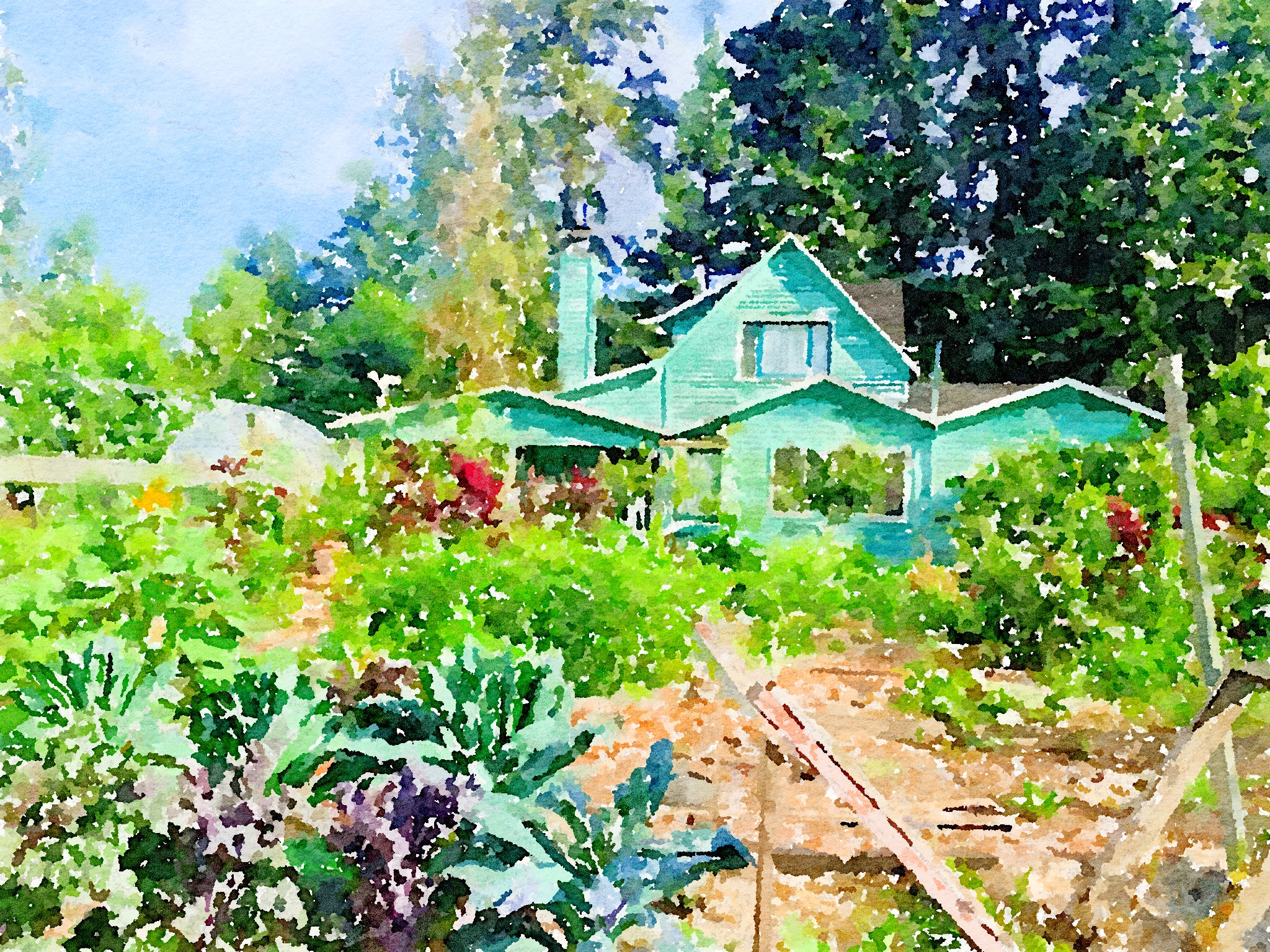 a watercolor of a two-story farmhouse surrounded by lush greenery