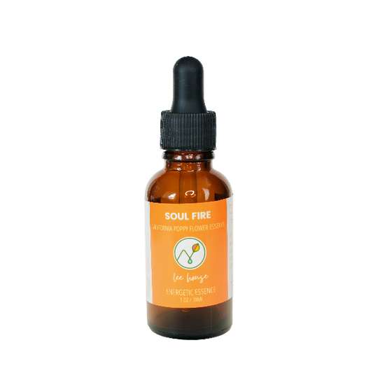 AMber droper bottle of Leehouse SOULFIRE California Poppy Essence, with orange label on a white background