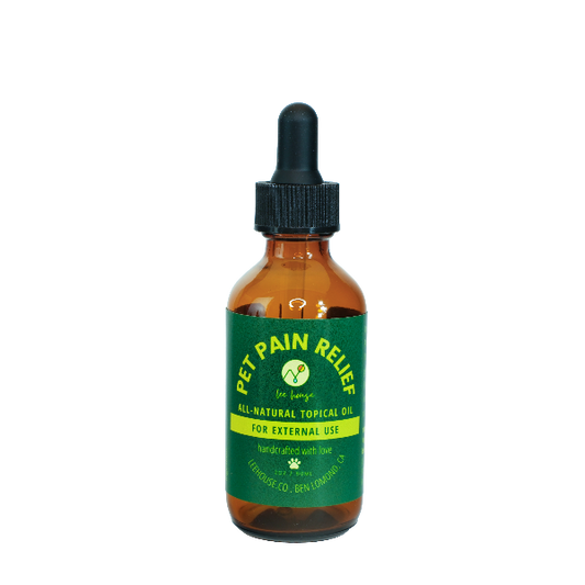 Bottle of Pet Pain Relief oil with a dropper on a white background