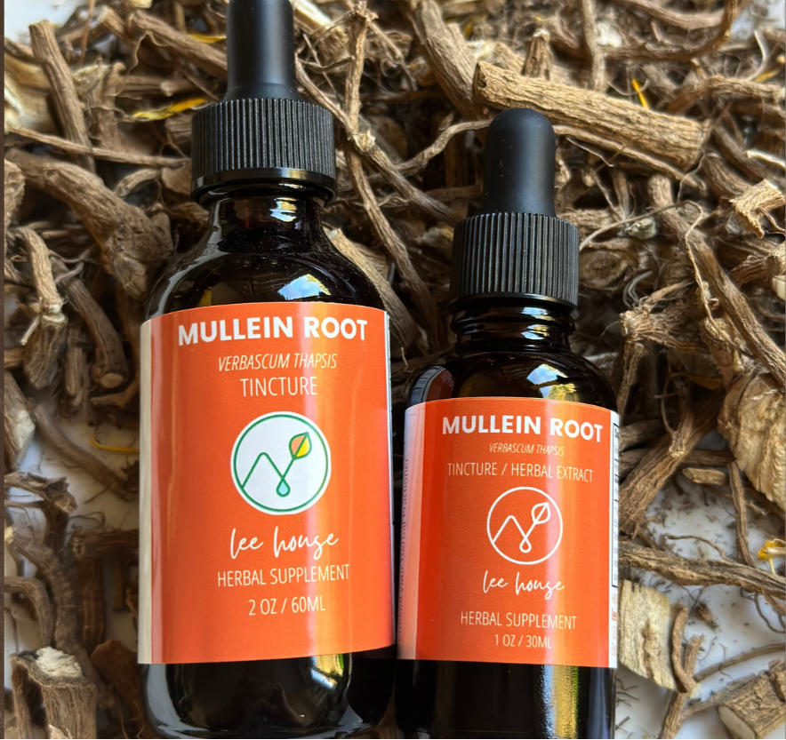 Two bottles of Mullein Root tincture on a background of dried mullein root.