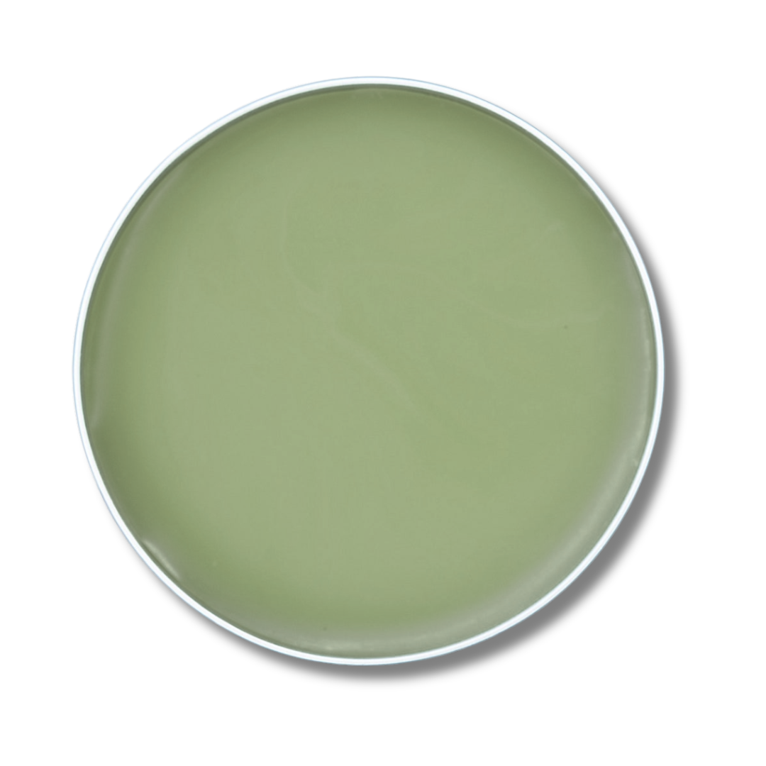 A small open tin container of Pet Pain Salve highlightings its green hue from the arnica infused hemp seed oil