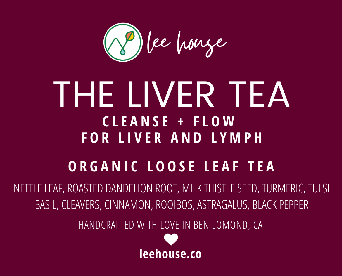 Label for Lee House Liver Tea on a dark red background