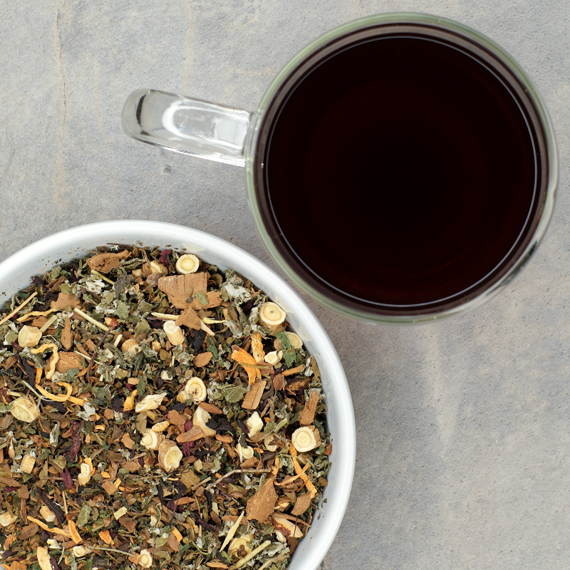 Tea leaves in a bowl with a cup of black tea on a gray surface