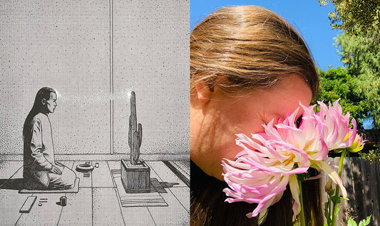 black and white drawing of of man kneeling, meditating with a plant opposite a photo of leslie lee from leehouse.co with her face on a dahlia.