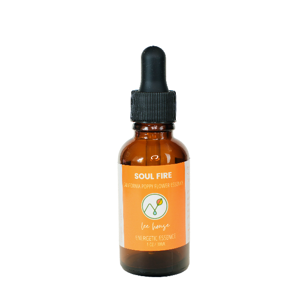 AMber droper bottle of Leehouse SOULFIRE California Poppy Essence, with orange label on a white background