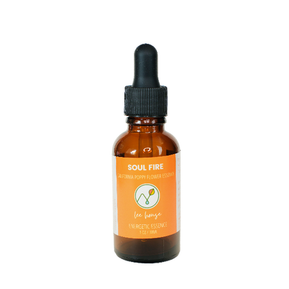 AMber droper bottle of Leehouse SOULFIRE California Poppy Essence, with orange label on a white background