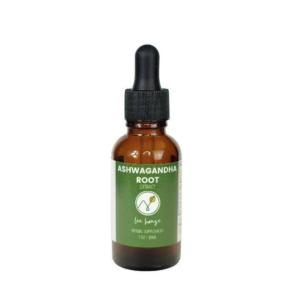 Bottle of Ashwagandha Root Extract with a dropper on a white background