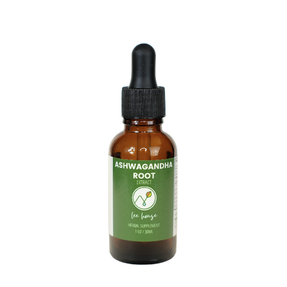 Bottle of Ashwagandha Root Extract with a dropper on a white background