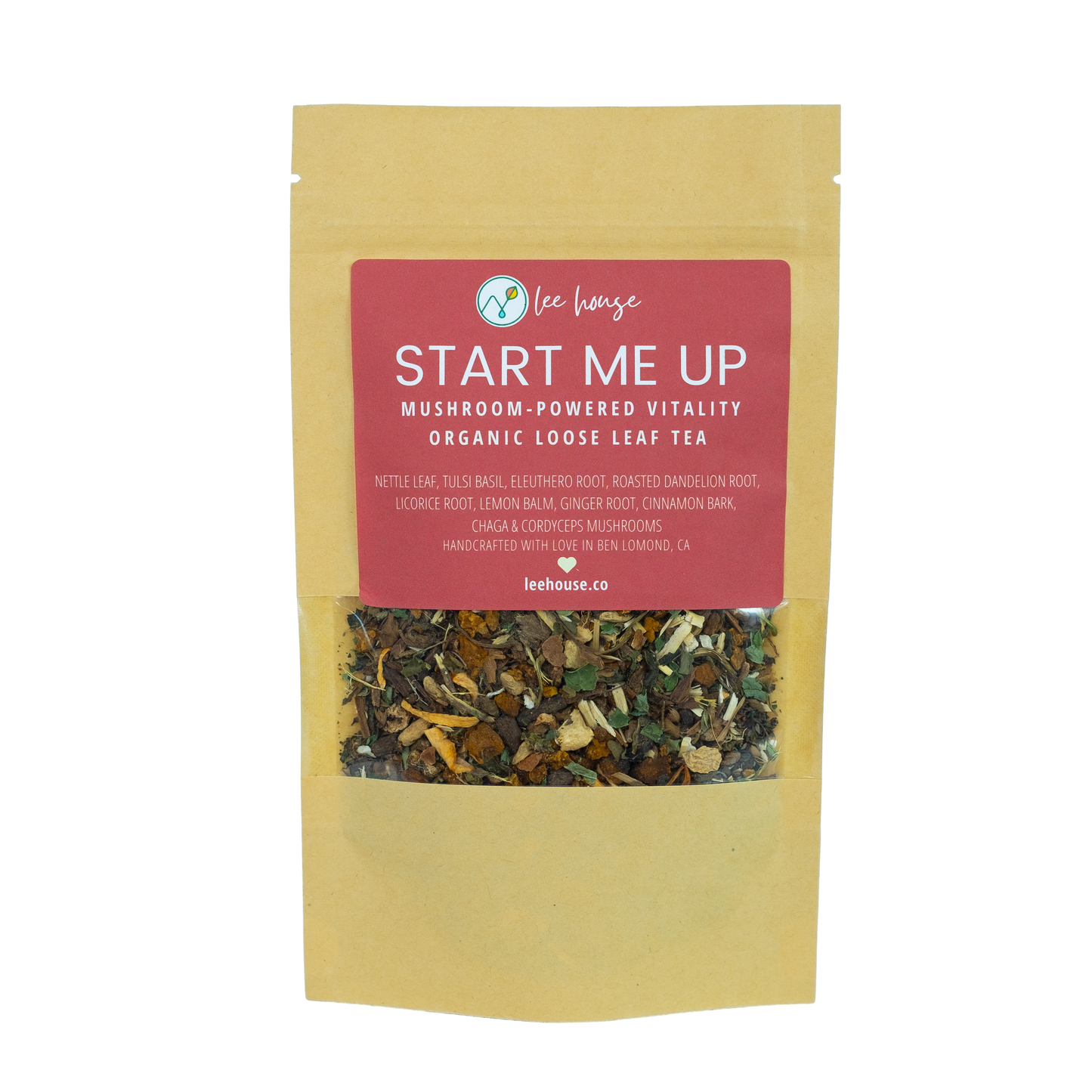 Tea package labeled 'Start Me Up' with a visible LeeHouse logo 