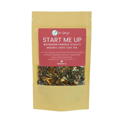 Tea package labeled 'Start Me Up' with a visible LeeHouse logo 