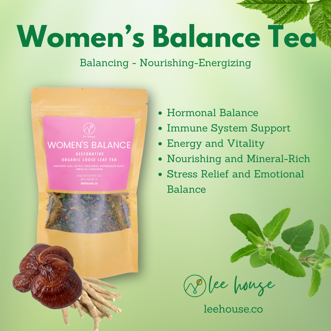 Package of Women's Balance Tea with herbs like raspberry leaf and tulsi basil. Benefits listed: hormonal balance, immune support, energy, nourishment, and stress relief.