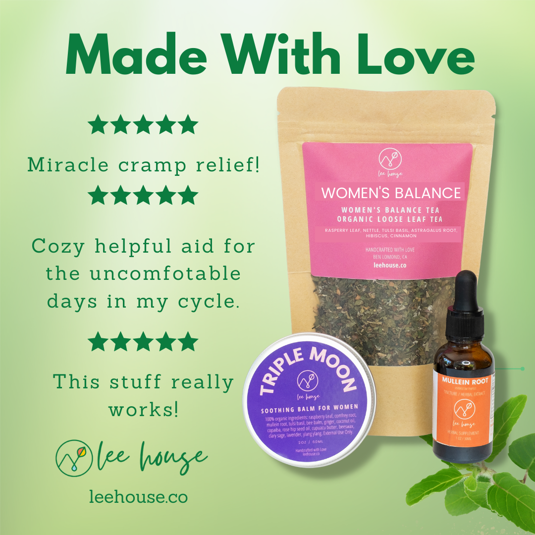 Customer reviews for Women's Balance Tea, with phrases like 'Miracle cramp relief!' and 'Cozy aid for cycle discomfort.' Products shown include Women's Balance Tea, Triple Moon Balm, and Mullein Root Tincture.