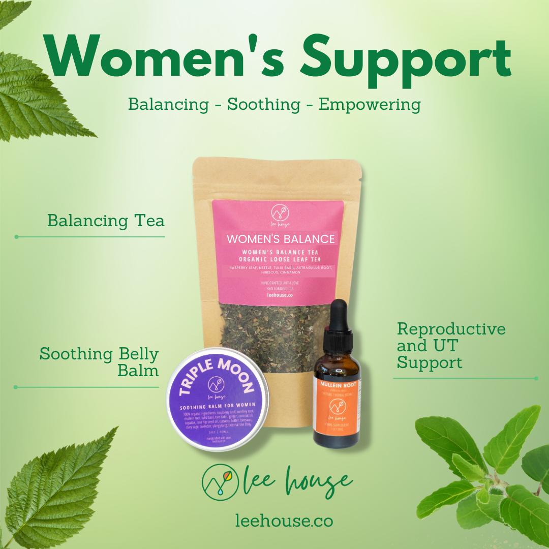 Women's Support Bundle featuring Women's Balance Tea, Triple Moon Balm, and Mullein Root Tincture, with listed benefits like balancing, soothing, and reproductive support.