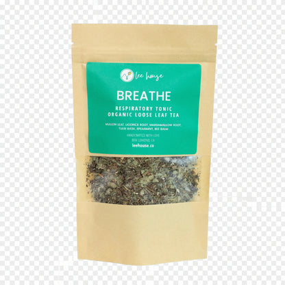 Tea package labeled 'Breathe' with a clear window showing tea leaves on a light blue background