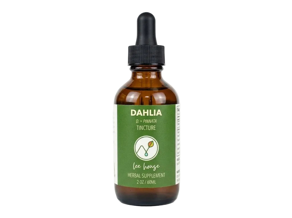 An amber glass dropper bottle of Lee House Herbal Supplement Dahlia Tincture with a green label and black dropper cap, set against a plain white background.