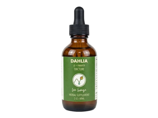 An amber glass dropper bottle of Lee House Herbal Supplement Dahlia Tincture with a green label and black dropper cap, set against a plain white background.