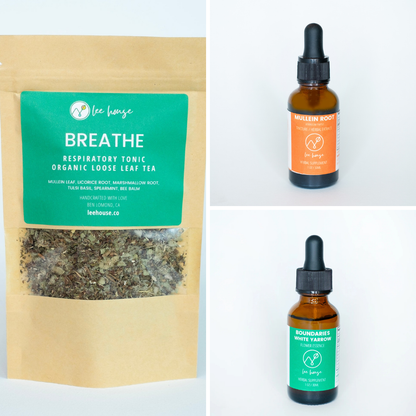 Ground & Center bundle with Breathe Easy Tea, Yarrow Essence, and Mullein Root Tincture.