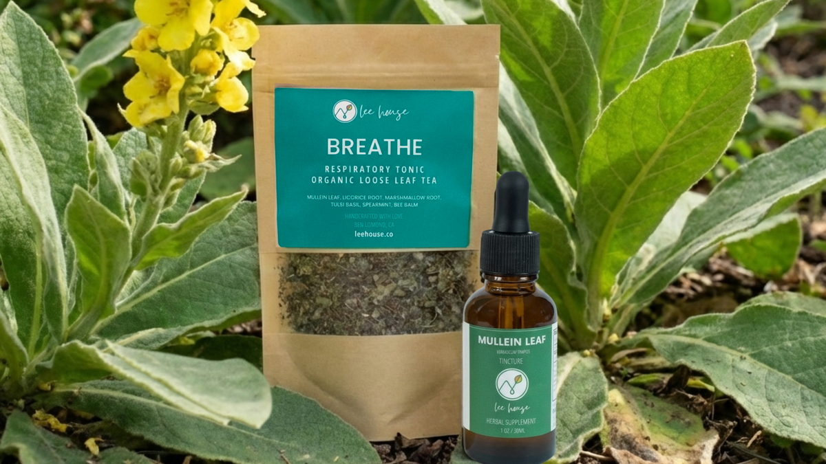 Tea package and bottle with 'Breathe' label in a natural setting with plants and flowers.