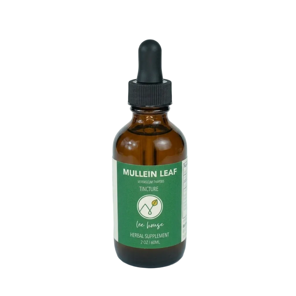 An amber glass dropper bottle of Lee House Mullein Leaf Tincture herbal supplement, featuring a green label and black dropper cap, set against a light gray background.