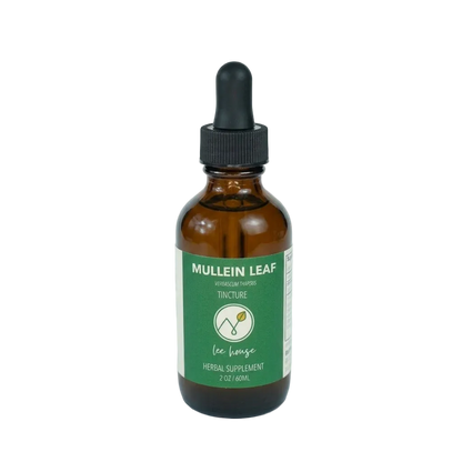 An amber glass dropper bottle of Lee House Mullein Leaf Tincture herbal supplement, featuring a green label and black dropper cap, set against a light gray background.