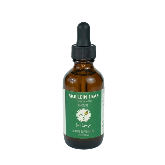An amber glass dropper bottle of Lee House Mullein Leaf Tincture herbal supplement, featuring a green label and black dropper cap, set against a light gray background.