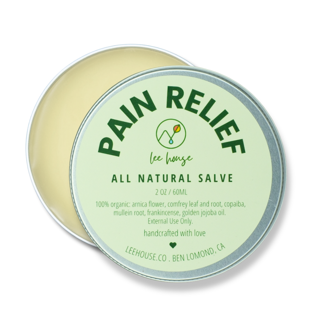 All natural pain relief salve container with green label on a white background