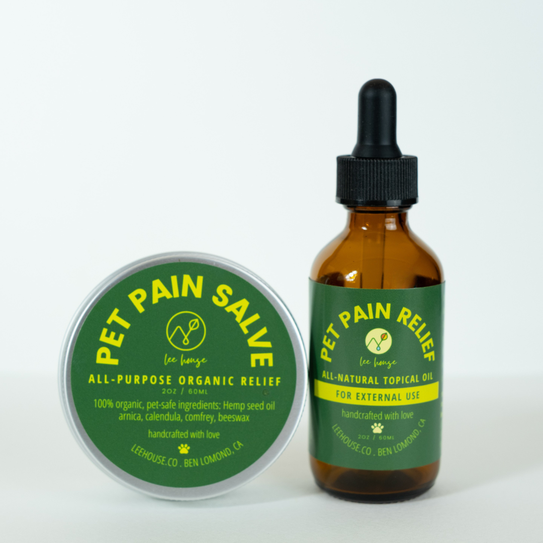 Pet Pain Salve and Pet Pain Relief bottle on a white background