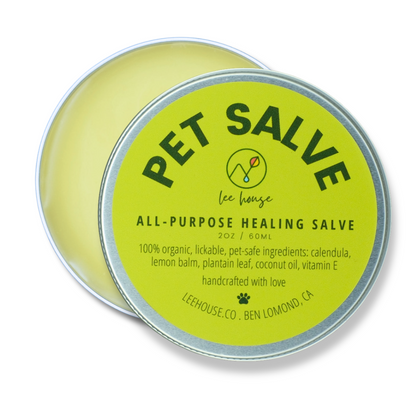 Pet Salve container with green lid and yellow body on a white background