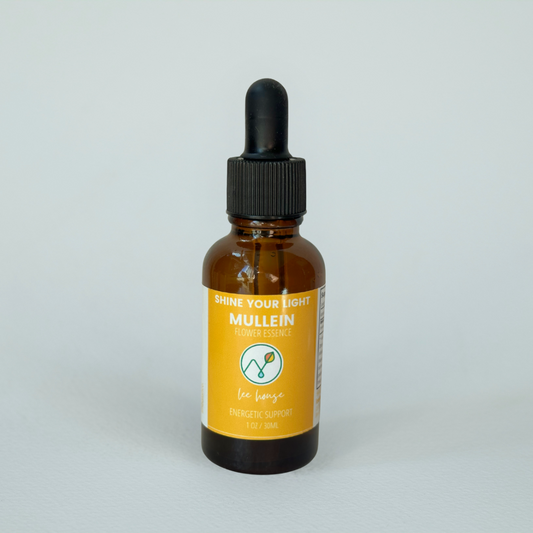 Bottle of Mullein flower essence tincture with a yellow label on a light gray background