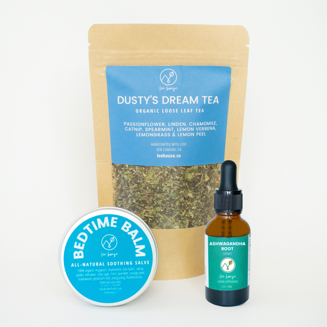 "Sleep Well Herbal Relaxation Kit with organic tea, soothing balm, and Ashwagandha tincture displayed on a white background, perfect for a restful night's sleep"