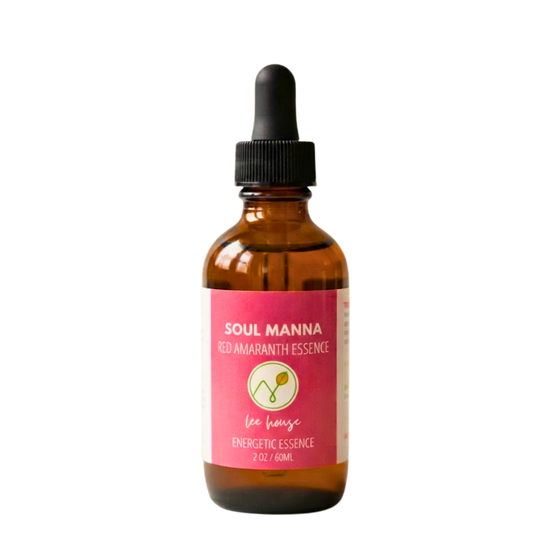 An amber glass dropper bottle of Lee House Soul Manna Red Amaranth Essence with a pink label and black dropper cap, isolated on a white background.