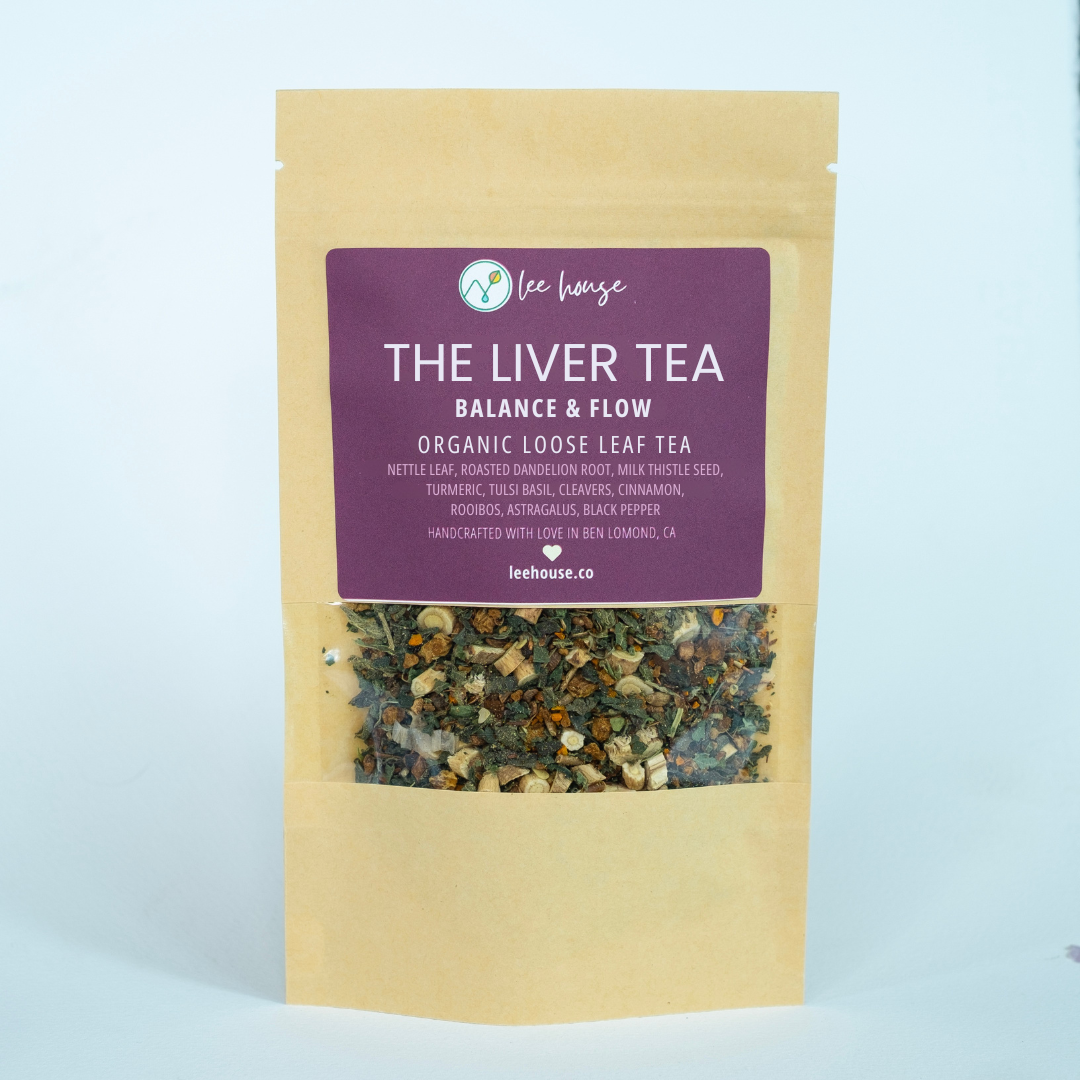 Tea package labeled 'The Liver Tea' with a visible label on a light blue background