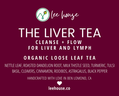 Label for Lee House Liver Tea on a dark red background