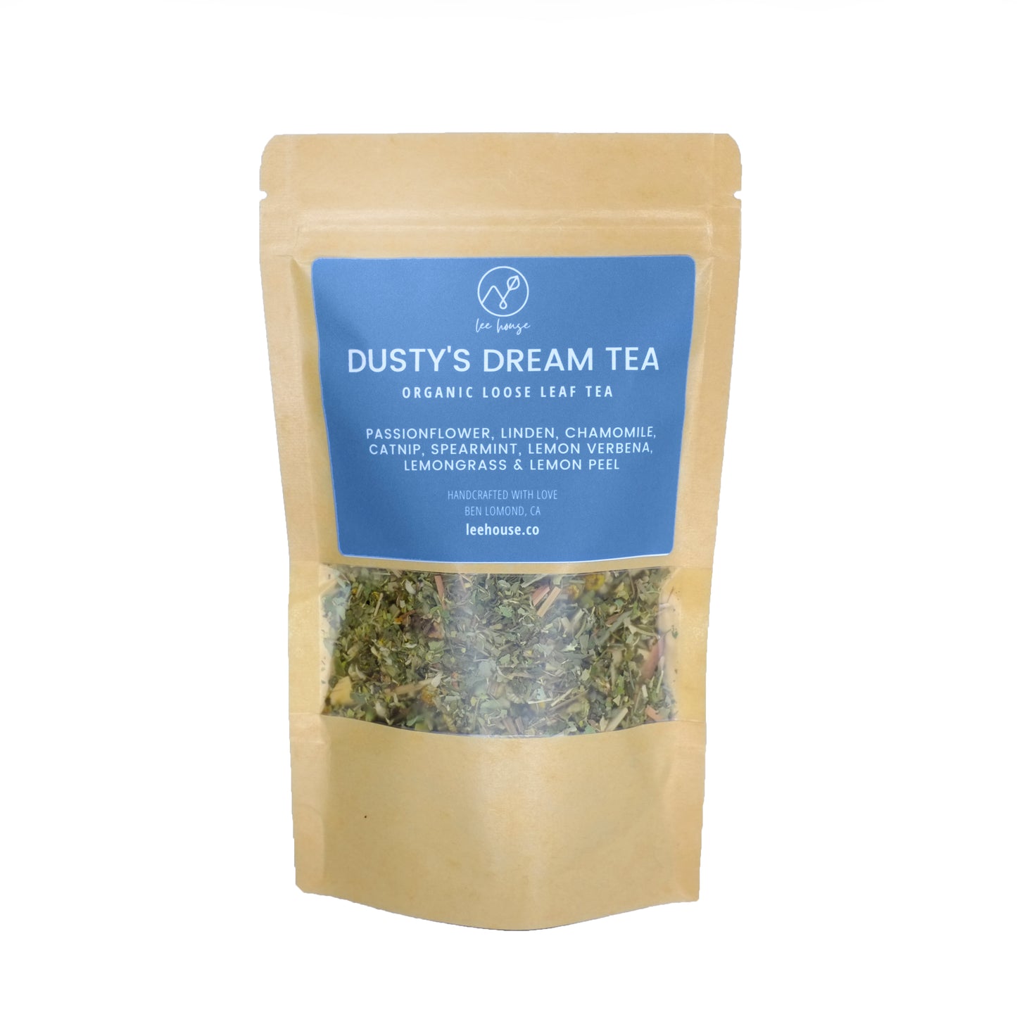 Dusty's Dream Tea from Lee House, organic loose leaf blend visible in kraft paper bag with blue label. Contains Passionflower, Linden, Chamomile, Catnip, Spearmint, Lemon Verbena, Lemongrass, Lemon Peel. Crafted in Ben Lomond, CA – leehouse.co.