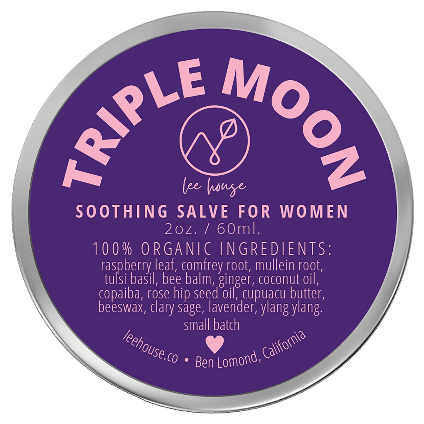 photo of a 2 oz tin of triple moon soothing balm for women depciting a purple and pin label that reads: 100% organic ingredients: raspberry Leaf, comfrey root, mullein root, tulsi basil, bee balm, ginger, coconut oil, copaiba, rose hip seed oil, cupuacu butter, beeswax, clary sage, lavender, ylang ylang. External Use Only. handcrafted with love, leehouse.co